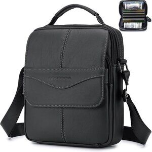 Black genuine leather mens messenger bag with multiple compartments, adjustable